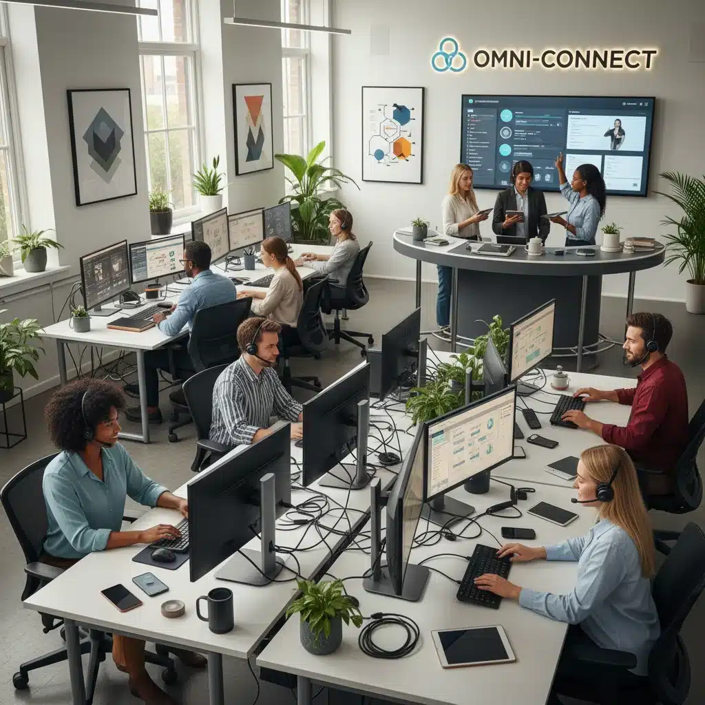 Equipe de atendimento ao cliente usando ferramentas omnichannel em escritório moderno