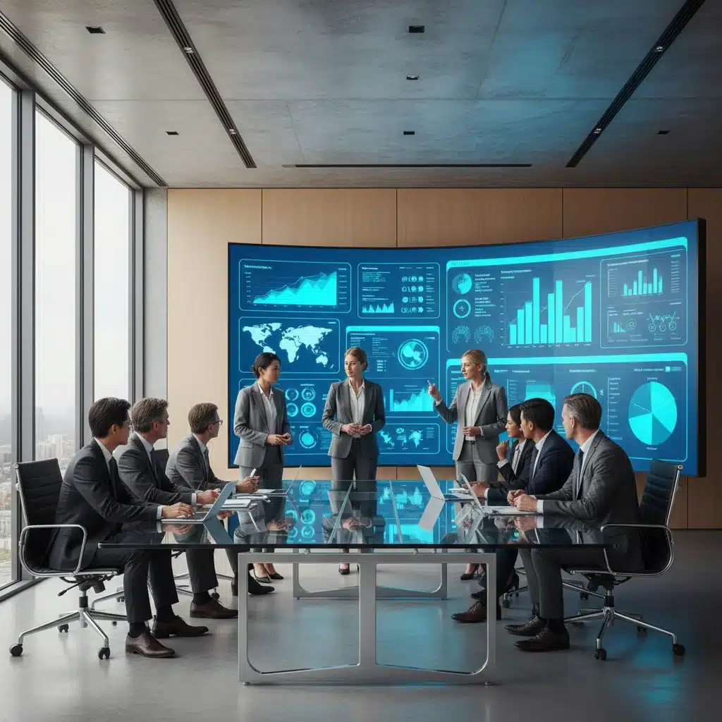 Equipe de executivos em sala de reunião moderna, colaborando com dashboards em tempo real e tomando decisões estratégicas baseadas em inteligência de dados.