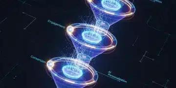 Diagrama futurista de funil de vendas com elementos de IA e personalização, indicando aumento de conversão.
