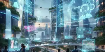 Visão futurista da experiência do cliente no Brasil, com tecnologias avançadas e interações personalizadas.