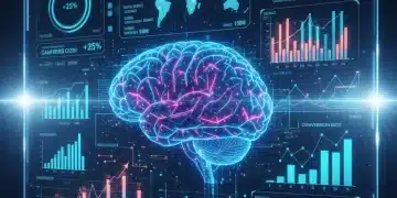 Gráficos de dados digitais com elementos de inteligência artificial, representando a otimização de campanhas digitais.