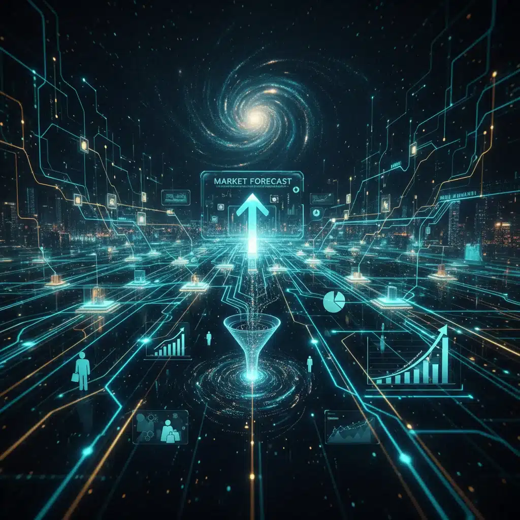 Representação futurista de algoritmos de IA analisando fluxos de dados para prever tendências de mercado.