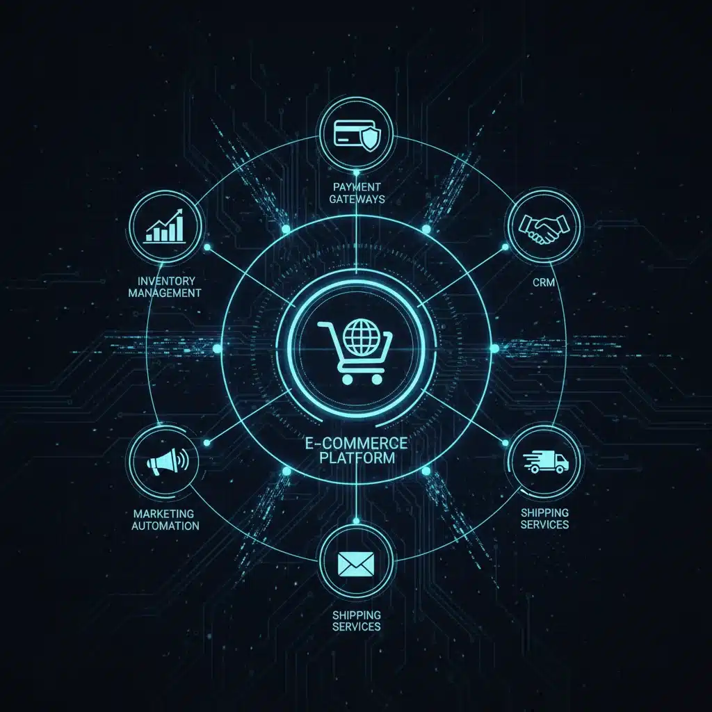 Rede complexa de serviços digitais interconectados, representando a integração de plataformas de e-commerce.
