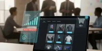 Interface moderna de e-commerce em laptop com elementos digitais de vendas e prazo de lançamento rápido.
