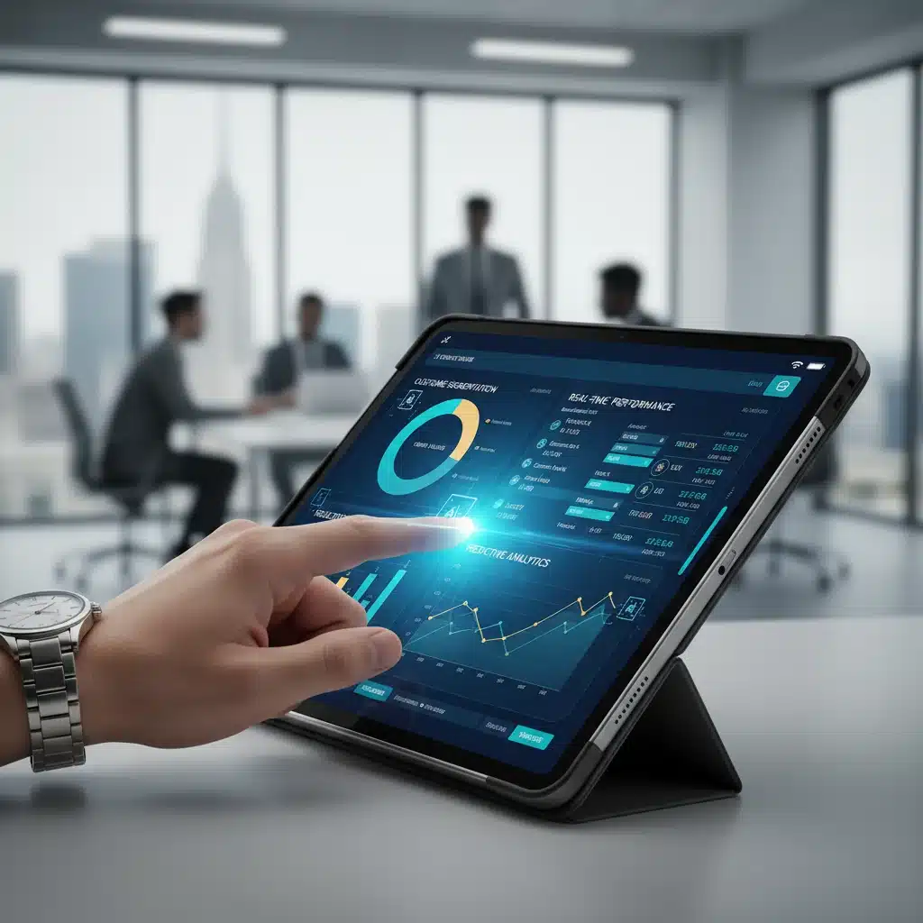 Mão interagindo com tablet exibindo painel de análise de dados com IA para segmentação de clientes.