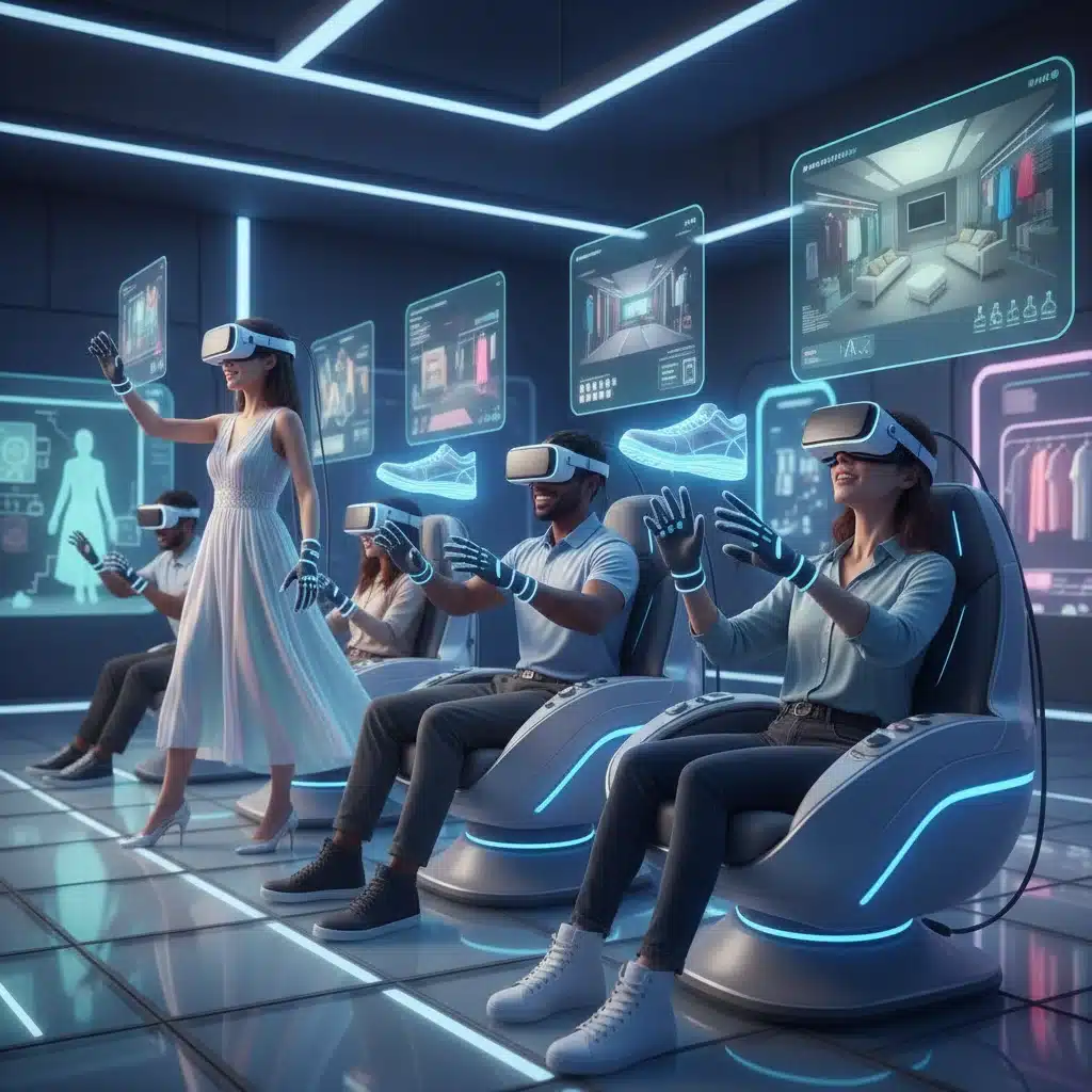 Pessoas em experiência de compra imersiva com realidade virtual e aumentada.