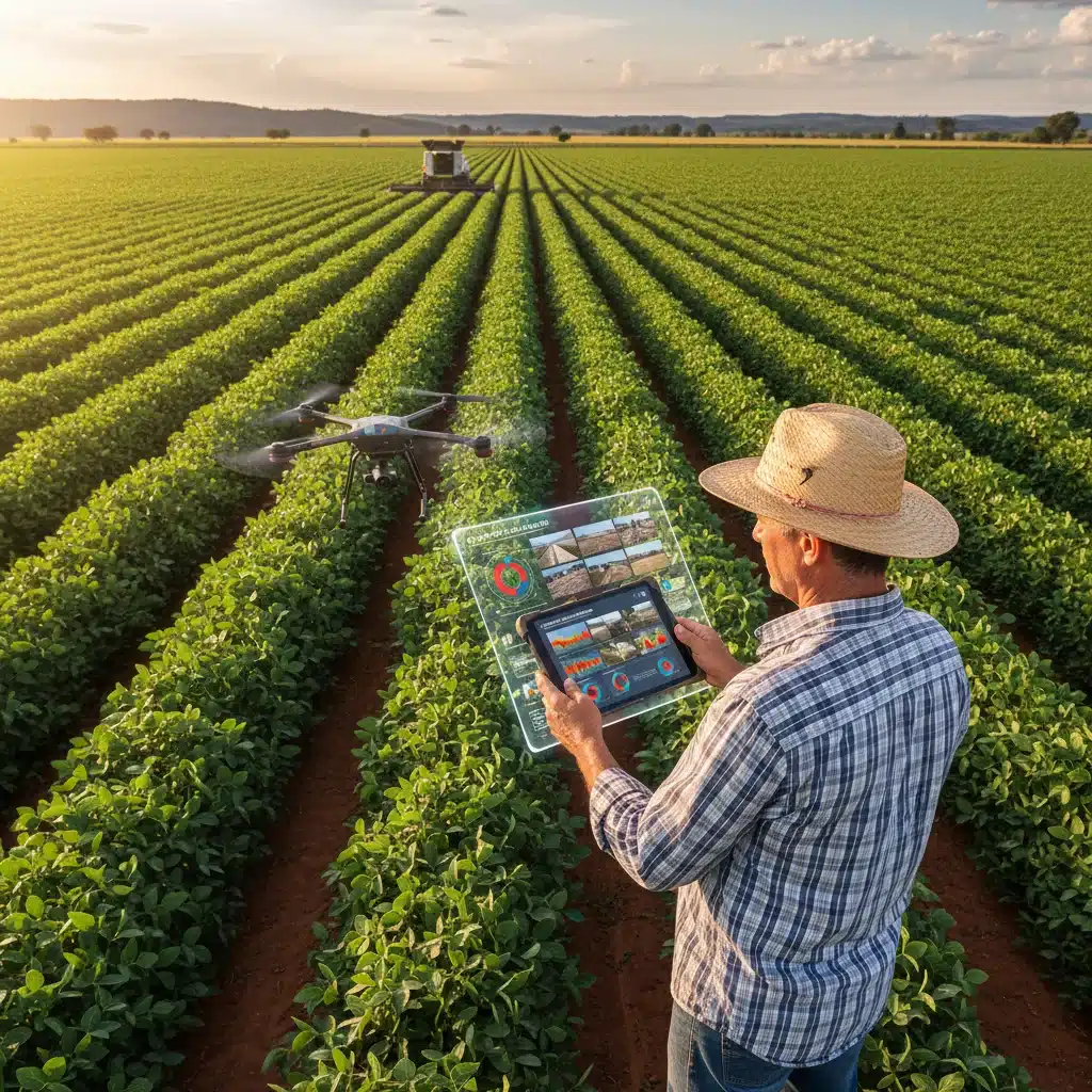 Agricultor brasileiro monitorando plantações com tablet, utilizando drones e visão computacional para análise agrícola.