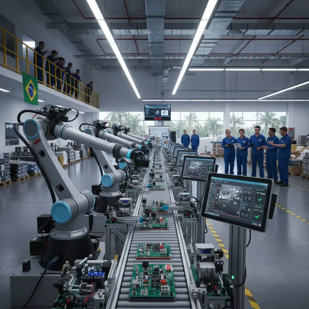Robôs com visão computacional realizando controle de qualidade em uma linha de produção industrial brasileira.