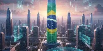 Paisagem urbana futurista com sobreposições digitais de análise de dados e IA, simbolizando a visão computacional no Brasil em 2026.