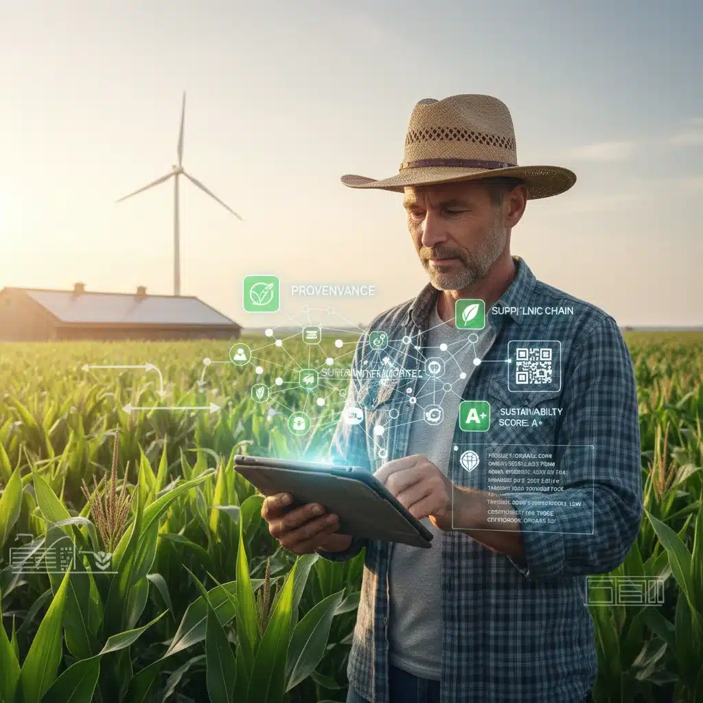 Agricultor verificando dados de rastreabilidade de produtos agrícolas em tablet, evidenciando o uso de blockchain no agronegócio.