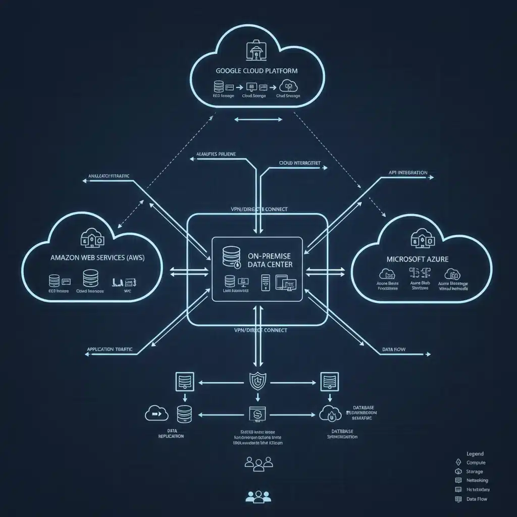 Diagrama de rede complexo mostrando provedores de nuvem e data center on-premise, representando arquitetura multicloud híbrida.