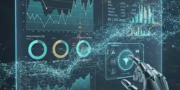 Painel digital futurista com gráficos financeiros e um braço robótico, simbolizando a automação inteligente de processos (RPA) e a redução de custos no Brasil.
