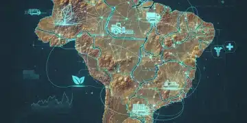 Mapa do Brasil com linhas digitais brilhantes representando a tecnologia blockchain conectando diferentes setores econômicos.