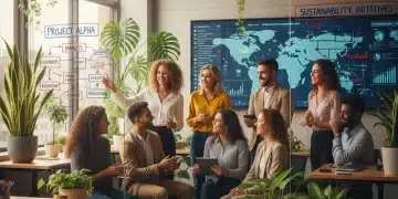 Profissionais diversos colaborando em ambiente inovador
