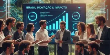 Empreendedores e investidores brasileiros colaborando em um espaço moderno, focado em startups de impacto social e ambiental.