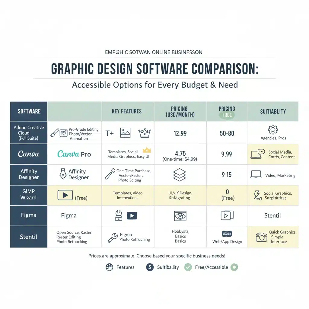 Gráfico comparativo de recursos e preços de ferramentas de design gráfico acessíveis para negócios.