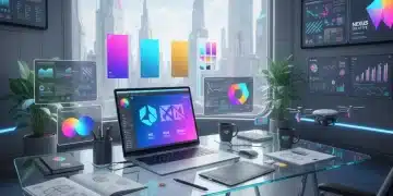 Mesa de trabalho digital com ferramentas de design gráfico para negócios online acessíveis em 2026.