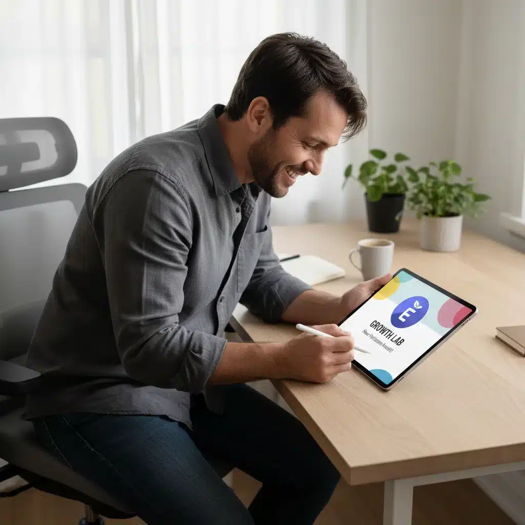 Empreendedor utilizando ferramenta de design gráfico em tablet para criar conteúdo visual.