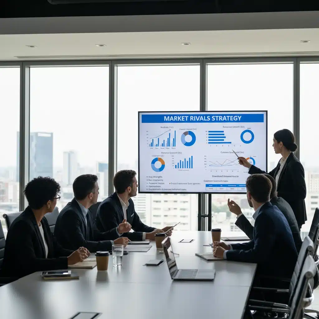 Equipe de negócios analisando um relatório de inteligência competitiva em uma tela grande.