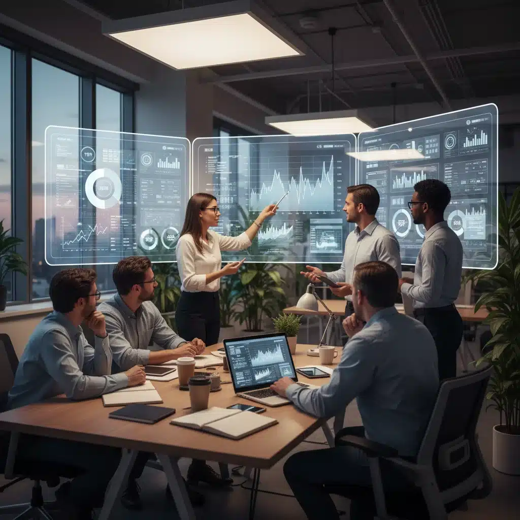 Equipe de marketing colaborando na análise de dados para otimizar estratégias digitais