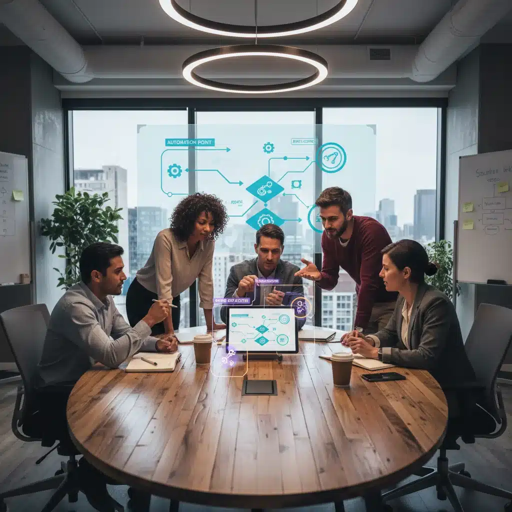 Equipe de profissionais colaborando em torno de uma mesa, analisando diagramas de fluxo de processo com pontos de automação digital, representando a implementação de RPA.