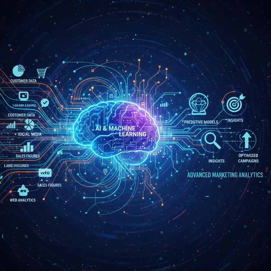 Inteligência artificial e machine learning processando dados para insights de marketing