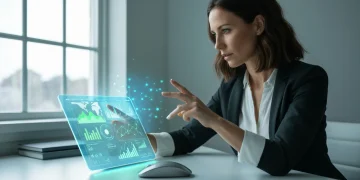 Uma profissional focada em um tablet holográfico exibindo gráficos de dados e redes digitais, inovando com ferramentas digitais em um escritório moderno e limpo.