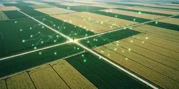Vista aérea de campos agrícolas com padrões geométricos, com uma sobreposição sutil de uma rede digital brilhante, simbolizando a complexidade do cenário digital moderno.