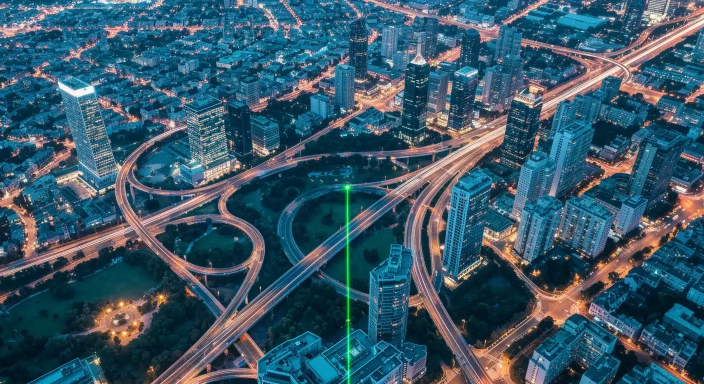 Vista aérea de uma cidade ao anoitecer com rodovias iluminadas e arranha-céus formando padrões geométricos complexos, representando a transformação digital.