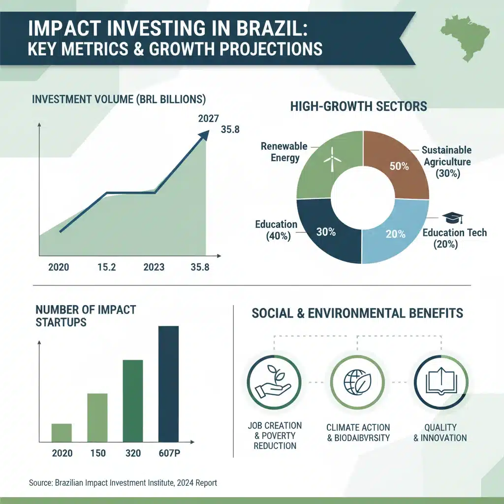 Infográfico detalhado sobre o crescimento e as projeções do investimento de impacto no Brasil, com gráficos e setores de destaque.
