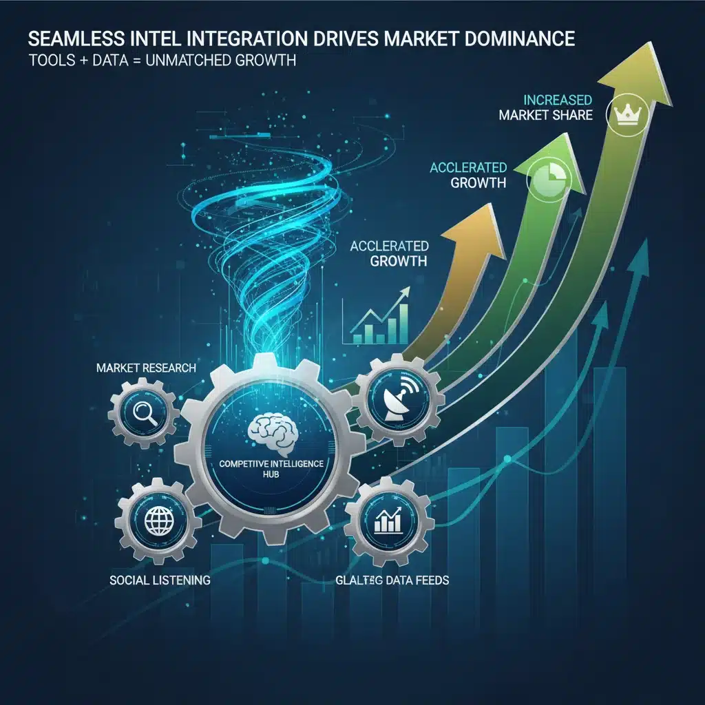 Infográfico de engrenagens e dados, simbolizando a integração de ferramentas de inteligência competitiva.