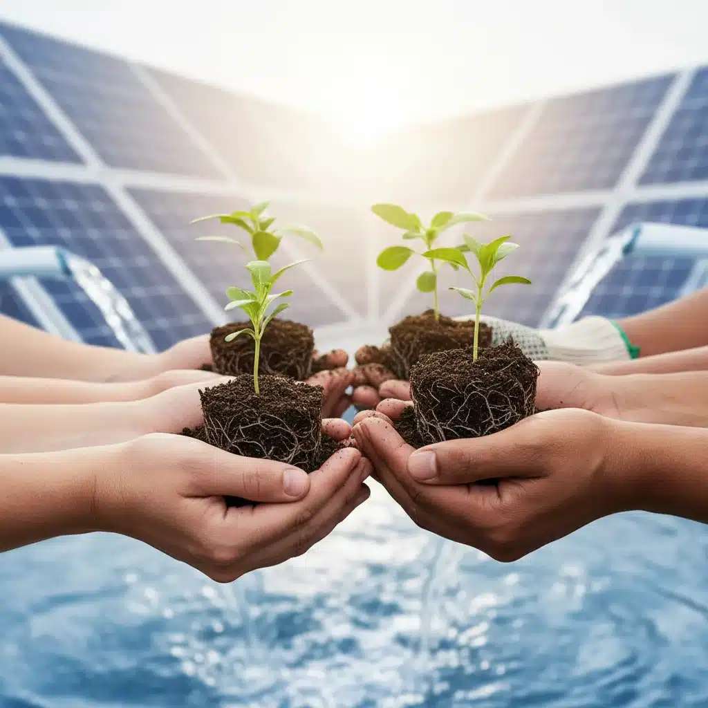 Mãos diversas segurando mudas, simbolizando investimento em soluções sustentáveis e impacto social.