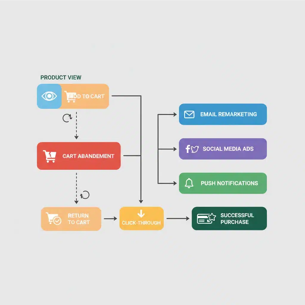 Fluxograma do ciclo de vida do cliente e pontos de contato de remarketing após o abandono do carrinho.