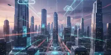 Paisagem urbana futurista com conexões de dados e nuvens, representando a nuvem híbrida e multicloud no Brasil.