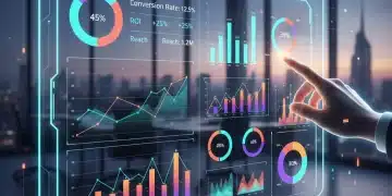 Painel de análise de dados de marketing digital com gráficos e métricas essenciais para 2026