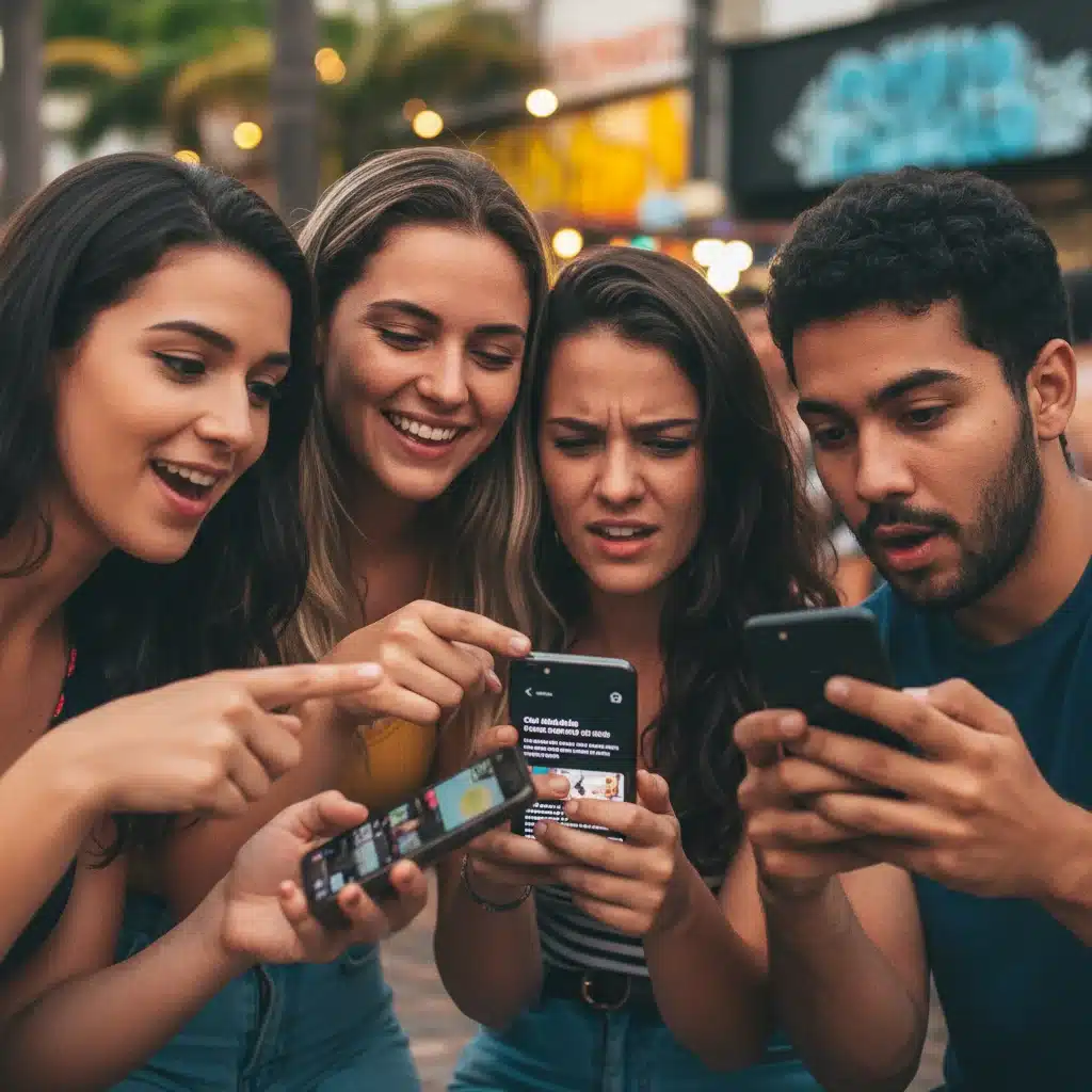 Jovens brasileiros engajados com conteúdo em seus smartphones, representando o público-alvo do TikTok.