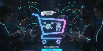 Interface futurista de e-commerce com carrinho de compras e dados de recuperação de vendas, representando remarketing avançado em 2026.