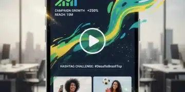 Interface de campanha TikTok Ads em um smartphone com elementos da bandeira brasileira, simbolizando o sucesso no marketing digital no Brasil.