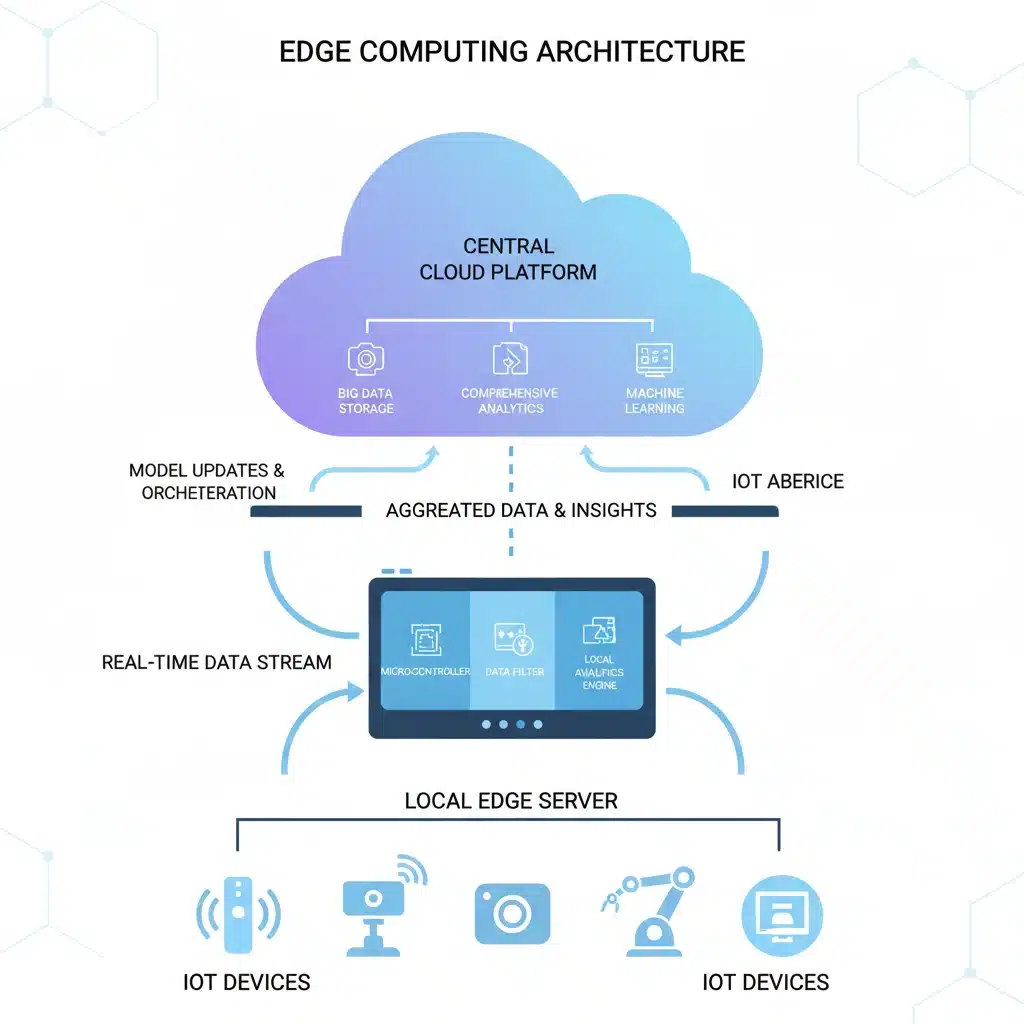 Diagrama de arquitetura de Edge Computing, ilustrando fluxo de dados de dispositivos IoT para servidores de borda e nuvem.