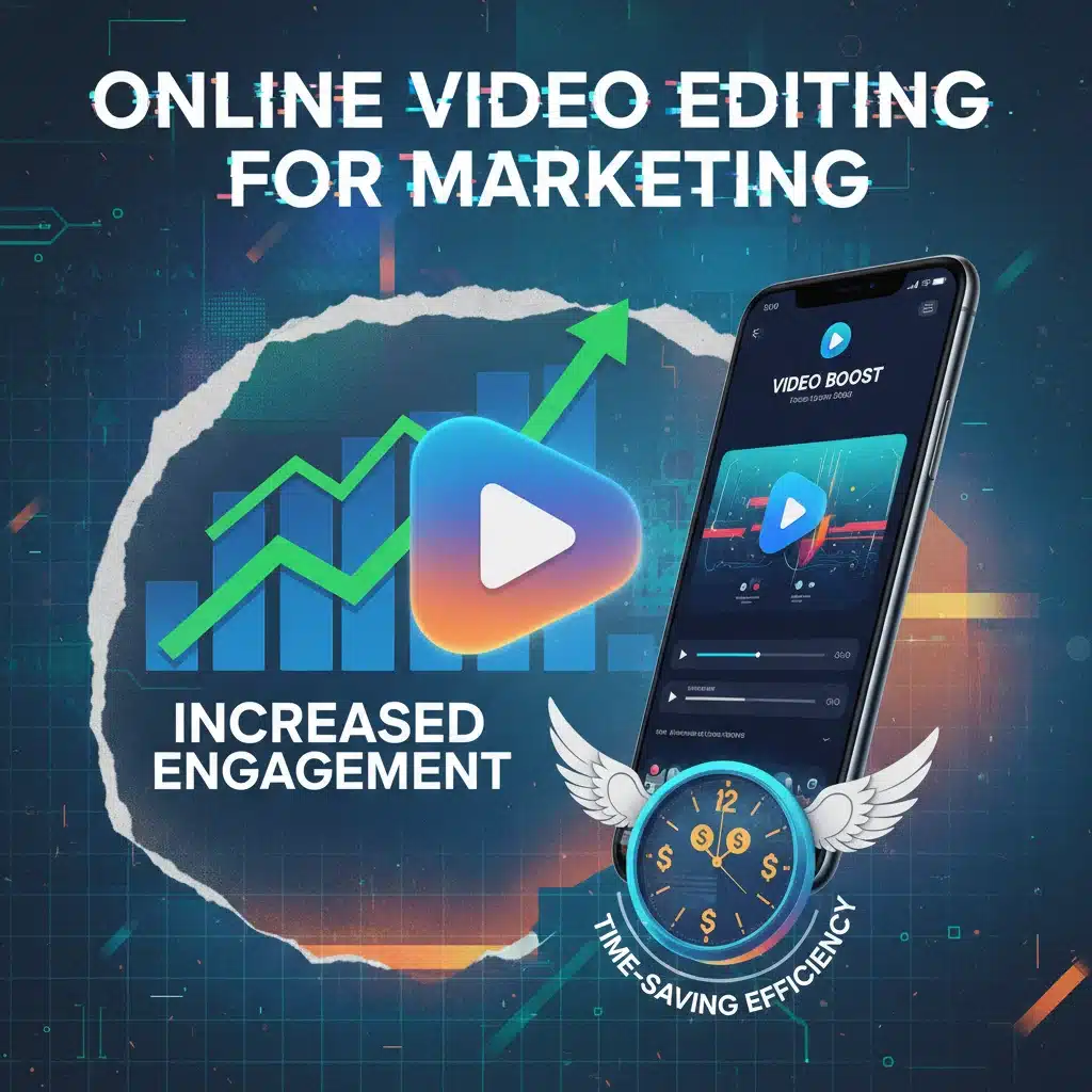 Colagem de elementos visuais representando os benefícios da edição de vídeo online para marketing, como engajamento e economia de tempo.