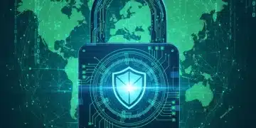Cadeado digital futurista simbolizando a proteção avançada de dados sensíveis e cibersegurança no Brasil.