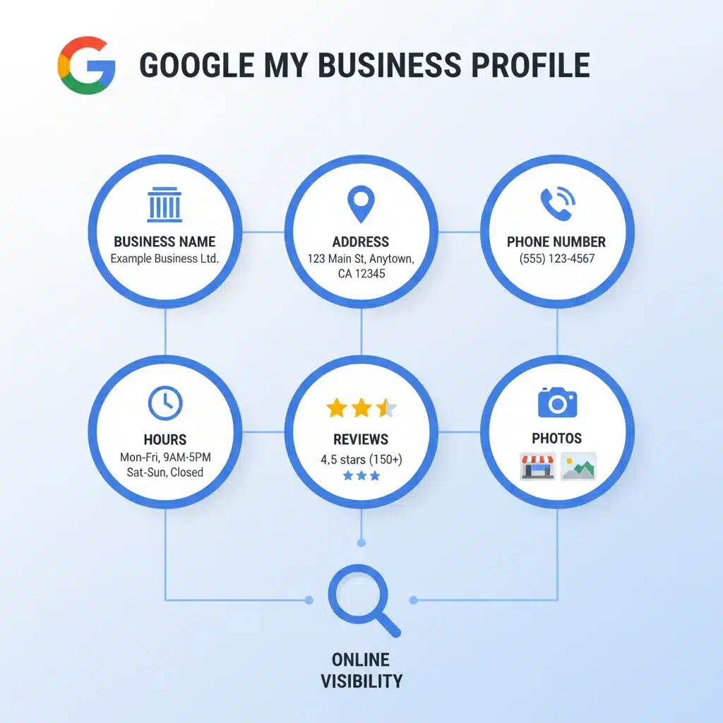 Infográfico detalhando os principais componentes de um perfil otimizado do Google Meu Negócio.