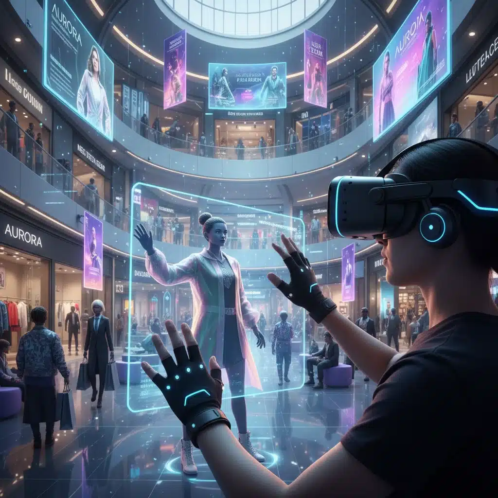Pessoa usando óculos de realidade virtual, comprando roupas em um shopping virtual no metaverso.