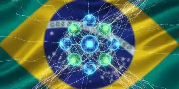 Representação futurista de computação quântica com qubits interconectados e fluxos de dados, simbolizando inovação tecnológica no Brasil.