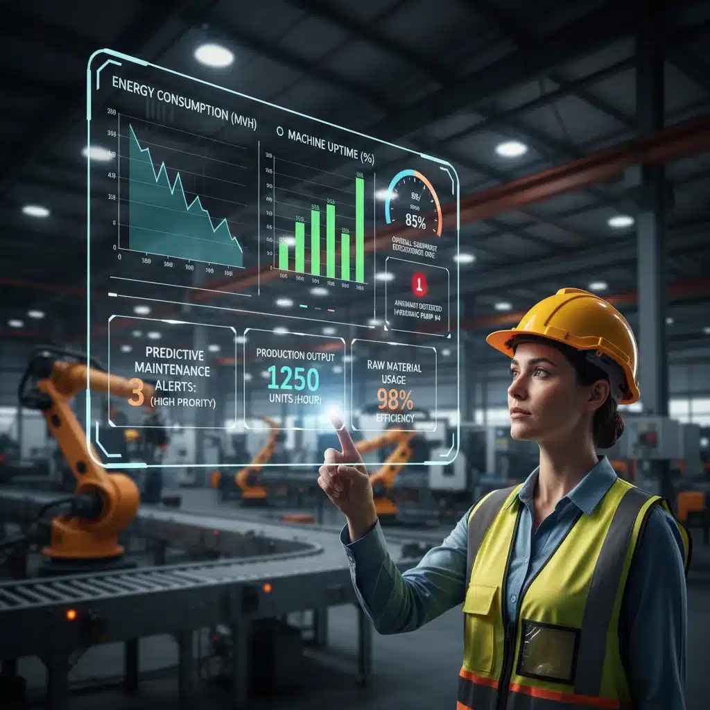 Painel de controle com dados de IIoT, mostrando gráficos de desempenho e manutenção preditiva.