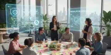Profissionais brasileiros colaborando em Design Thinking para inovar serviços em 2026.