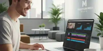 Pessoa editando vídeo online com ferramentas de marketing digital em um laptop, mostrando eficiência e resultados.