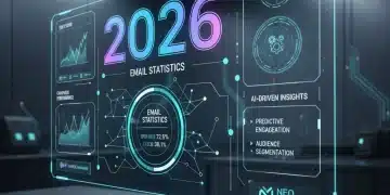 Interface futurista de e-mail marketing com dados e insights de IA para 2026