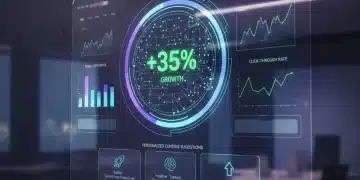 Interface digital futurista mostrando estatísticas de email marketing e personalização avançada.