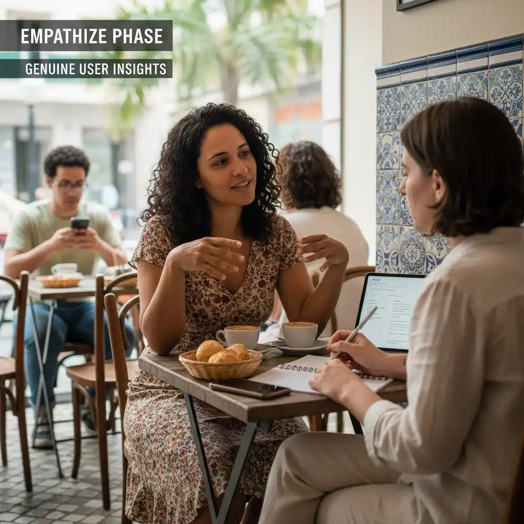 Fase de empatia no Design Thinking, com entrevista de cliente brasileiro.